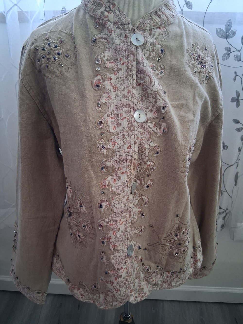Beige Embroidered Women's Blazer Jacket with Button Front